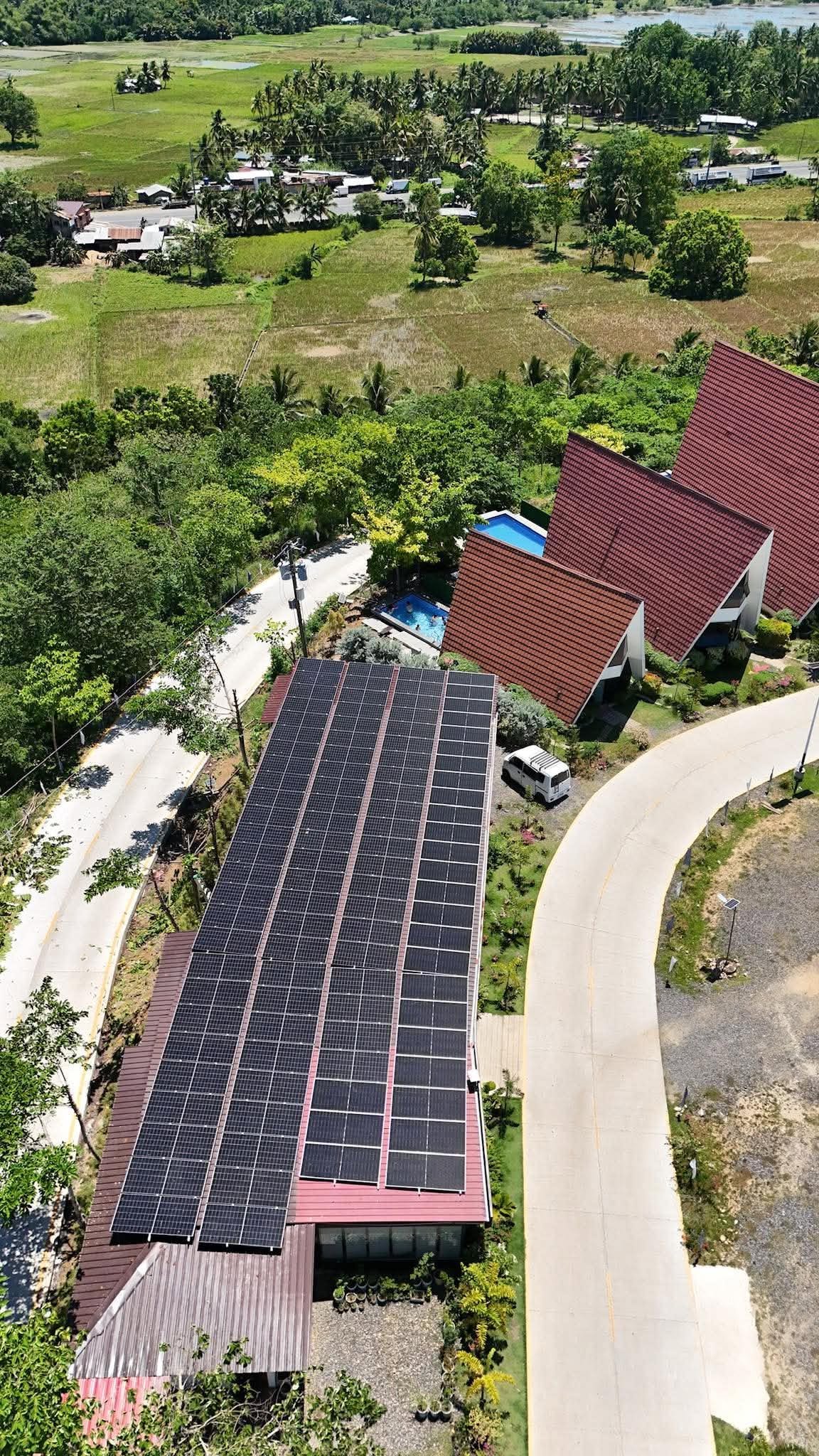 Wide rooftop solar installation at a resort