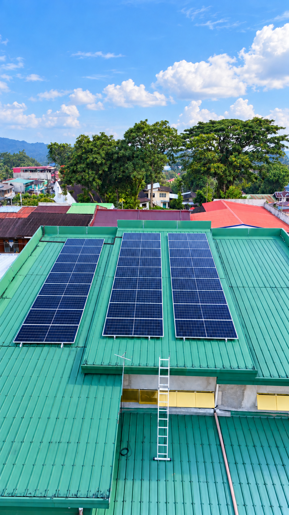 Commercial building rooftop covered with solar panels