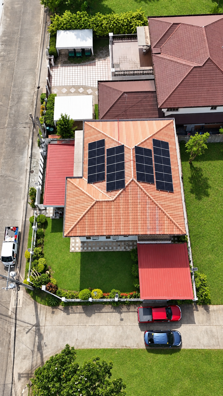 Modern home with rooftop solar panels